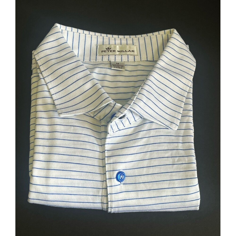 Peter Millar Polo Shirt Men's Medium White Blue Striped & Buttoned 100% Cotton